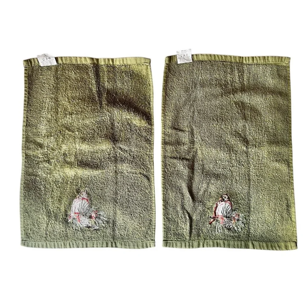 Set Of 2 Green Christmas Hand Towels Red Cardinal Embroidery 17